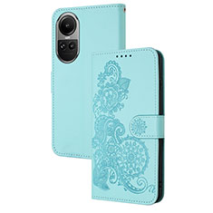 Leather Case Stands Flip Flowers Cover Holder Y01X for Oppo Reno10 5G Mint Blue