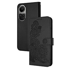 Leather Case Stands Flip Flowers Cover Holder Y01X for Oppo Reno10 Pro 5G Black