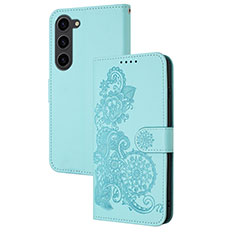 Leather Case Stands Flip Flowers Cover Holder Y01X for Samsung Galaxy S22 5G Mint Blue