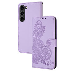 Leather Case Stands Flip Flowers Cover Holder Y01X for Samsung Galaxy S22 5G Purple