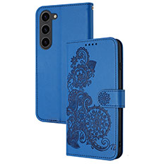 Leather Case Stands Flip Flowers Cover Holder Y01X for Samsung Galaxy S22 Plus 5G Blue