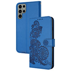 Leather Case Stands Flip Flowers Cover Holder Y01X for Samsung Galaxy S22 Ultra 5G Blue