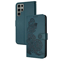 Leather Case Stands Flip Flowers Cover Holder Y01X for Samsung Galaxy S22 Ultra 5G Green
