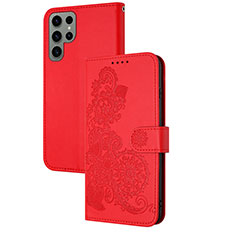 Leather Case Stands Flip Flowers Cover Holder Y01X for Samsung Galaxy S22 Ultra 5G Red
