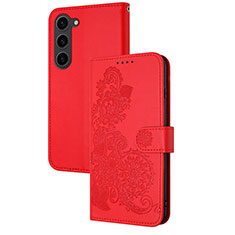 Leather Case Stands Flip Flowers Cover Holder Y01X for Samsung Galaxy S23 Plus 5G Red