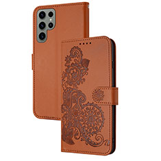 Leather Case Stands Flip Flowers Cover Holder Y01X for Samsung Galaxy S23 Ultra 5G Brown