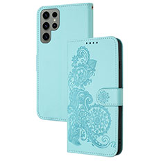 Leather Case Stands Flip Flowers Cover Holder Y01X for Samsung Galaxy S23 Ultra 5G Mint Blue