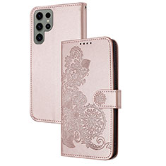 Leather Case Stands Flip Flowers Cover Holder Y01X for Samsung Galaxy S23 Ultra 5G Rose Gold