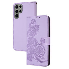 Leather Case Stands Flip Flowers Cover Holder Y01X for Samsung Galaxy S24 Ultra 5G Purple