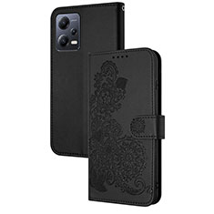 Leather Case Stands Flip Flowers Cover Holder Y01X for Xiaomi Redmi Note 12 5G Black