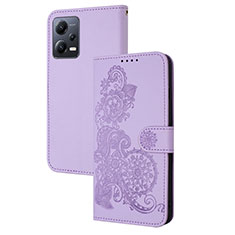 Leather Case Stands Flip Flowers Cover Holder Y01X for Xiaomi Redmi Note 12 5G Purple