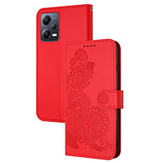 Leather Case Stands Flip Flowers Cover Holder Y01X for Xiaomi Redmi Note 12 5G Red