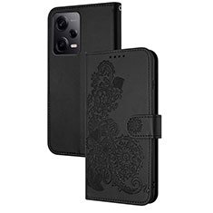 Leather Case Stands Flip Flowers Cover Holder Y01X for Xiaomi Redmi Note 12 Pro 5G Black