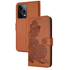 Leather Case Stands Flip Flowers Cover Holder Y01X for Xiaomi Redmi Note 12 Pro 5G Brown