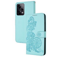 Leather Case Stands Flip Flowers Cover Holder Y01X for Xiaomi Redmi Note 12 Pro 5G Mint Blue