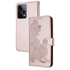Leather Case Stands Flip Flowers Cover Holder Y01X for Xiaomi Redmi Note 12 Pro 5G Rose Gold