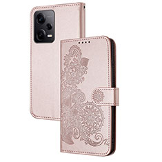 Leather Case Stands Flip Flowers Cover Holder Y01X for Xiaomi Redmi Note 12 Pro+ Plus 5G Rose Gold