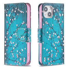 Leather Case Stands Flip Flowers Cover L01 Holder for Apple iPhone 13 Mini Cyan