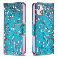 Leather Case Stands Flip Flowers Cover L01 Holder for Apple iPhone 15 Cyan