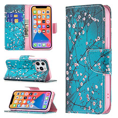 Leather Case Stands Flip Flowers Cover L02 Holder for Apple iPhone 13 Pro Cyan