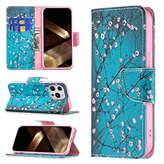 Leather Case Stands Flip Flowers Cover L02 Holder for Apple iPhone 15 Pro Cyan