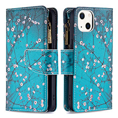 Leather Case Stands Flip Flowers Cover L03 Holder for Apple iPhone 14 Plus Cyan