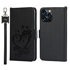 Leather Case Stands Flip Flowers Cover L16 Holder for Apple iPhone 13 Pro Max Black