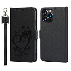 Leather Case Stands Flip Flowers Cover L16 Holder for Apple iPhone 14 Pro Black
