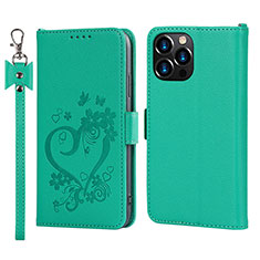 Leather Case Stands Flip Flowers Cover L16 Holder for Apple iPhone 14 Pro Green