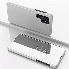 Leather Case Stands Flip Mirror Cover Holder for Samsung Galaxy S23 Ultra 5G Silver