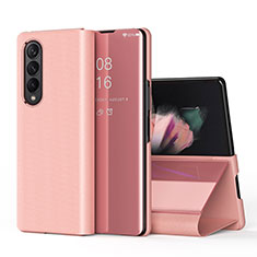 Leather Case Stands Flip Mirror Cover Holder L01 for Samsung Galaxy Z Fold3 5G Rose Gold