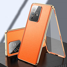 Luxury Aluminum Metal and Leather Cover Case 360 Degrees for Vivo V23 Pro 5G Orange