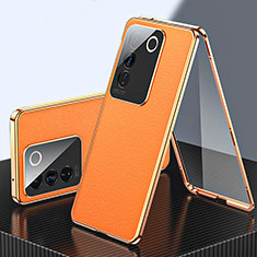 Luxury Aluminum Metal and Leather Cover Case 360 Degrees for Vivo V27 5G Orange