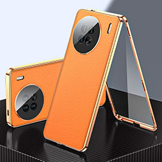 Luxury Aluminum Metal and Leather Cover Case 360 Degrees for Vivo X90 Pro 5G Orange