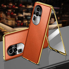 Luxury Aluminum Metal and Leather Cover Case 360 Degrees P01 for Oppo Reno10 Pro+ Plus 5G Orange