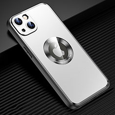 Luxury Aluminum Metal Back Cover and Silicone Frame Case with Mag-Safe Magnetic JL2 for Apple iPhone 14 Plus Silver