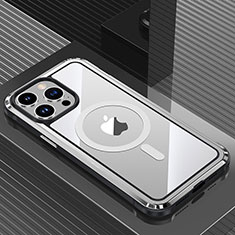 Luxury Aluminum Metal Back Cover and Silicone Frame Case with Mag-Safe Magnetic QC1 for Apple iPhone 13 Pro Max Silver