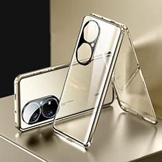 Luxury Aluminum Metal Frame Mirror Cover Case 360 Degrees for Huawei P50 Pro Gold