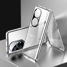 Luxury Aluminum Metal Frame Mirror Cover Case 360 Degrees for Huawei P50 Pro Silver
