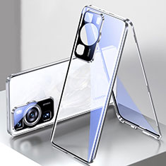 Luxury Aluminum Metal Frame Mirror Cover Case 360 Degrees for Huawei P60 Silver