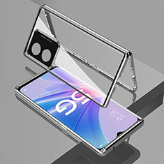 Luxury Aluminum Metal Frame Mirror Cover Case 360 Degrees for Oppo A58 5G Silver