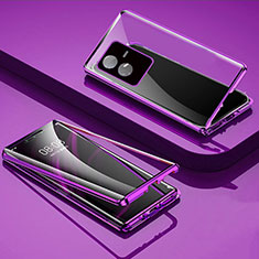 Luxury Aluminum Metal Frame Mirror Cover Case 360 Degrees for Vivo T2x 5G Purple