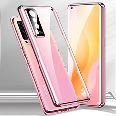 Luxury Aluminum Metal Frame Mirror Cover Case 360 Degrees for Vivo X50 5G Pink