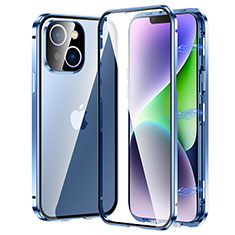 Luxury Aluminum Metal Frame Mirror Cover Case 360 Degrees LK2 for Apple iPhone 14 Blue