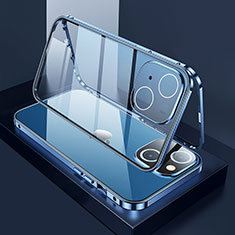 Luxury Aluminum Metal Frame Mirror Cover Case 360 Degrees M01 for Apple iPhone 14 Blue