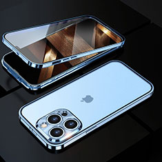 Luxury Aluminum Metal Frame Mirror Cover Case 360 Degrees M01 for Apple iPhone 15 Pro Blue