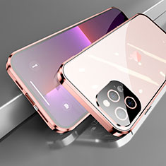 Luxury Aluminum Metal Frame Mirror Cover Case 360 Degrees M05 for Apple iPhone 13 Pro Max Rose Gold
