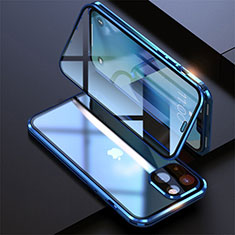 Luxury Aluminum Metal Frame Mirror Cover Case 360 Degrees M08 for Apple iPhone 14 Blue
