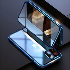 Luxury Aluminum Metal Frame Mirror Cover Case 360 Degrees M08 for Apple iPhone 15 Plus Blue