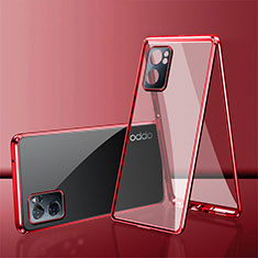 Luxury Aluminum Metal Frame Mirror Cover Case 360 Degrees P01 for Oppo Reno7 SE 5G Red